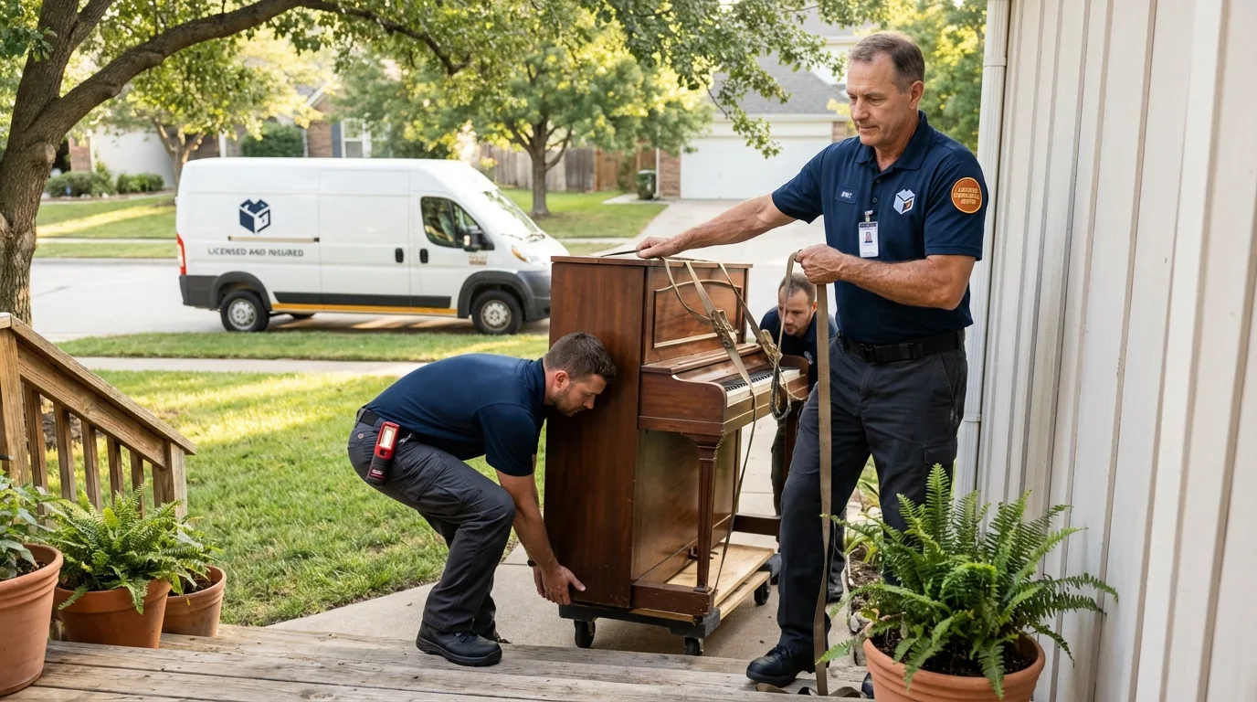 Licensed piano movers securing grand piano in LaBelle, FL